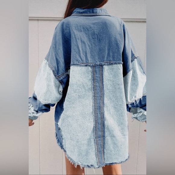 Oversized Patchwork Denim Shacket New Boutique Item - Picture 2 of 12